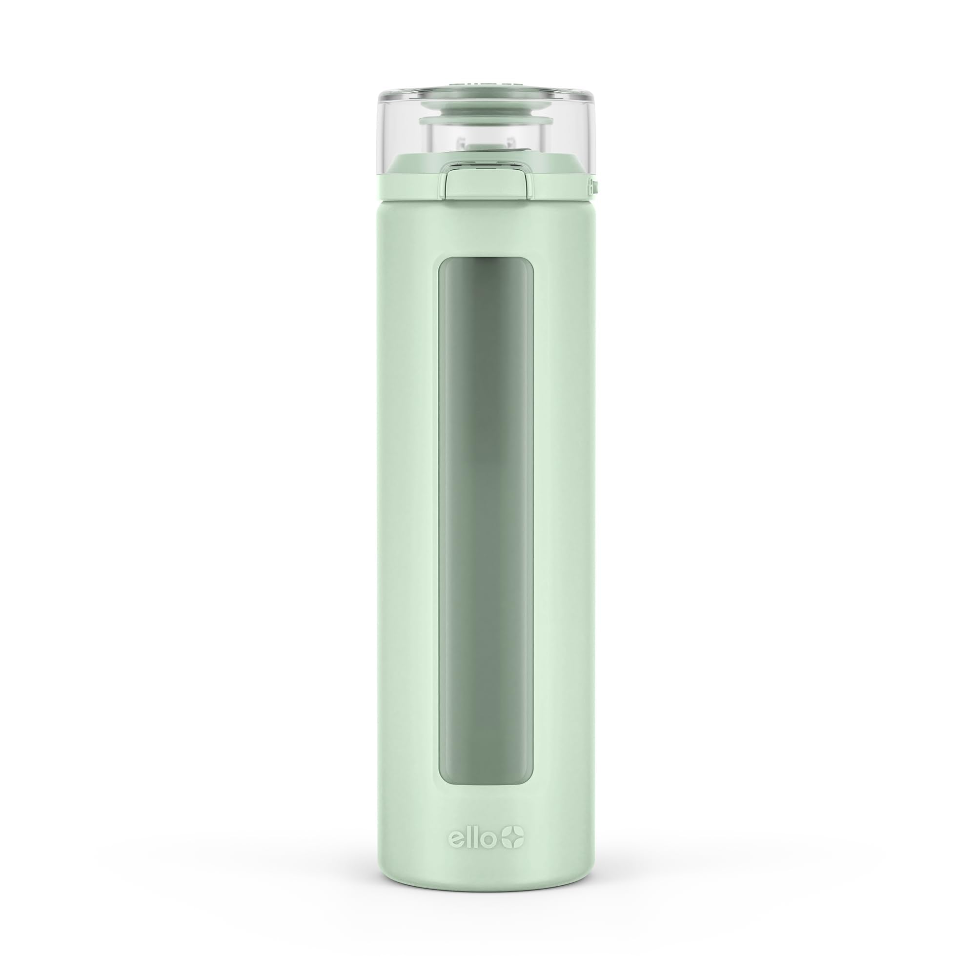 Ello Syndicate 20oz Reusable Glass Water Bottle with One-Touch Leak Proof Flip Lid, Protective Non-Slip Silicone Sleeve, Carry Loop for Coffee, Tea and Water, BPA-free, Dishwasher Safe, Tech Blue