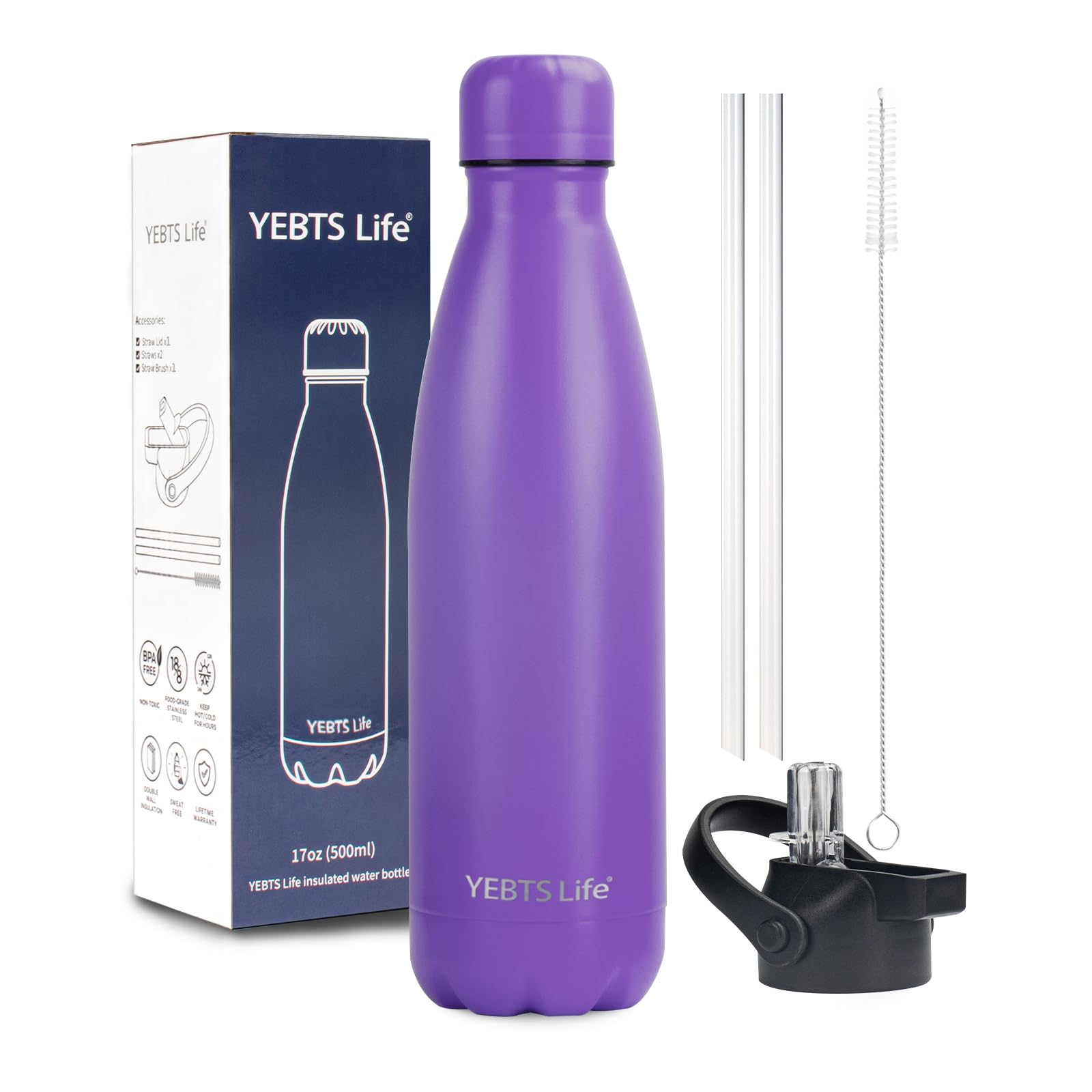Insulated Water Bottle,12oz Stainless Steel Water Bottles with straw lid,Metal Sports Water Bottles for Boys,Girls,Double Wall Vacuum BPA-Free Flask for School, Sports & Travel-Sliver