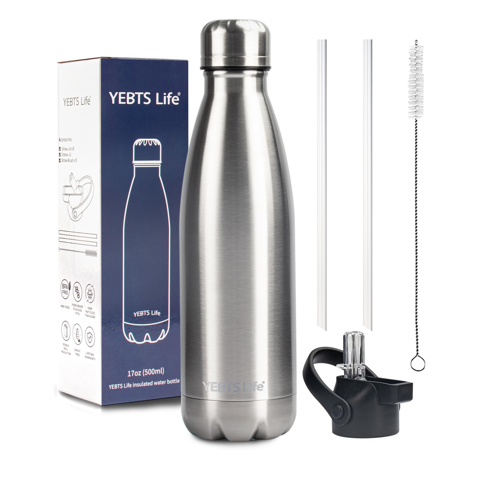 Insulated Water Bottle,12oz Stainless Steel Water Bottles with straw lid,Metal Sports Water Bottles for Boys,Girls,Double Wall Vacuum BPA-Free Flask for School, Sports & Travel-Sliver