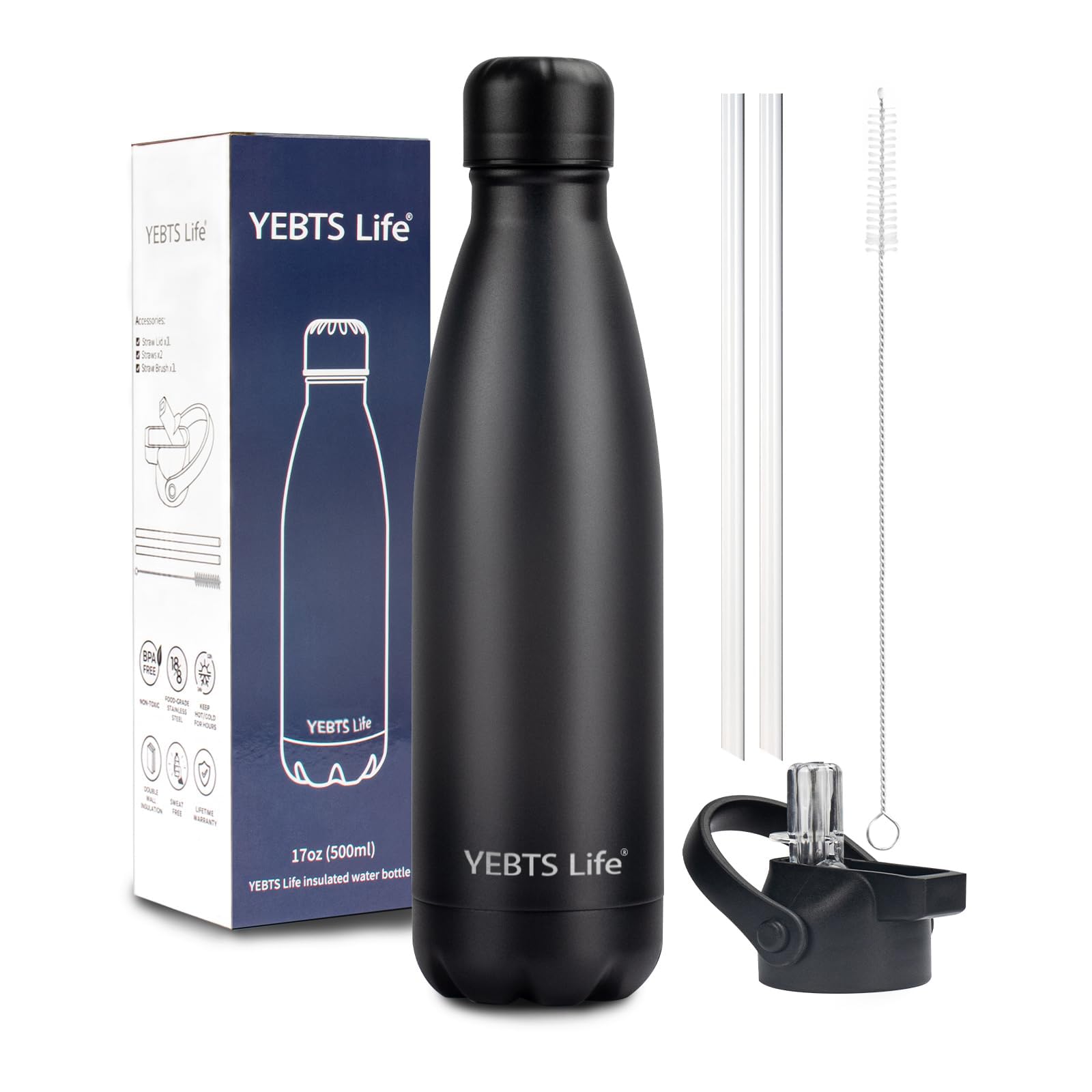 Insulated Water Bottle,12oz Stainless Steel Water Bottles with straw lid,Metal Sports Water Bottles for Boys,Girls,Double Wall Vacuum BPA-Free Flask for School, Sports & Travel-Sliver