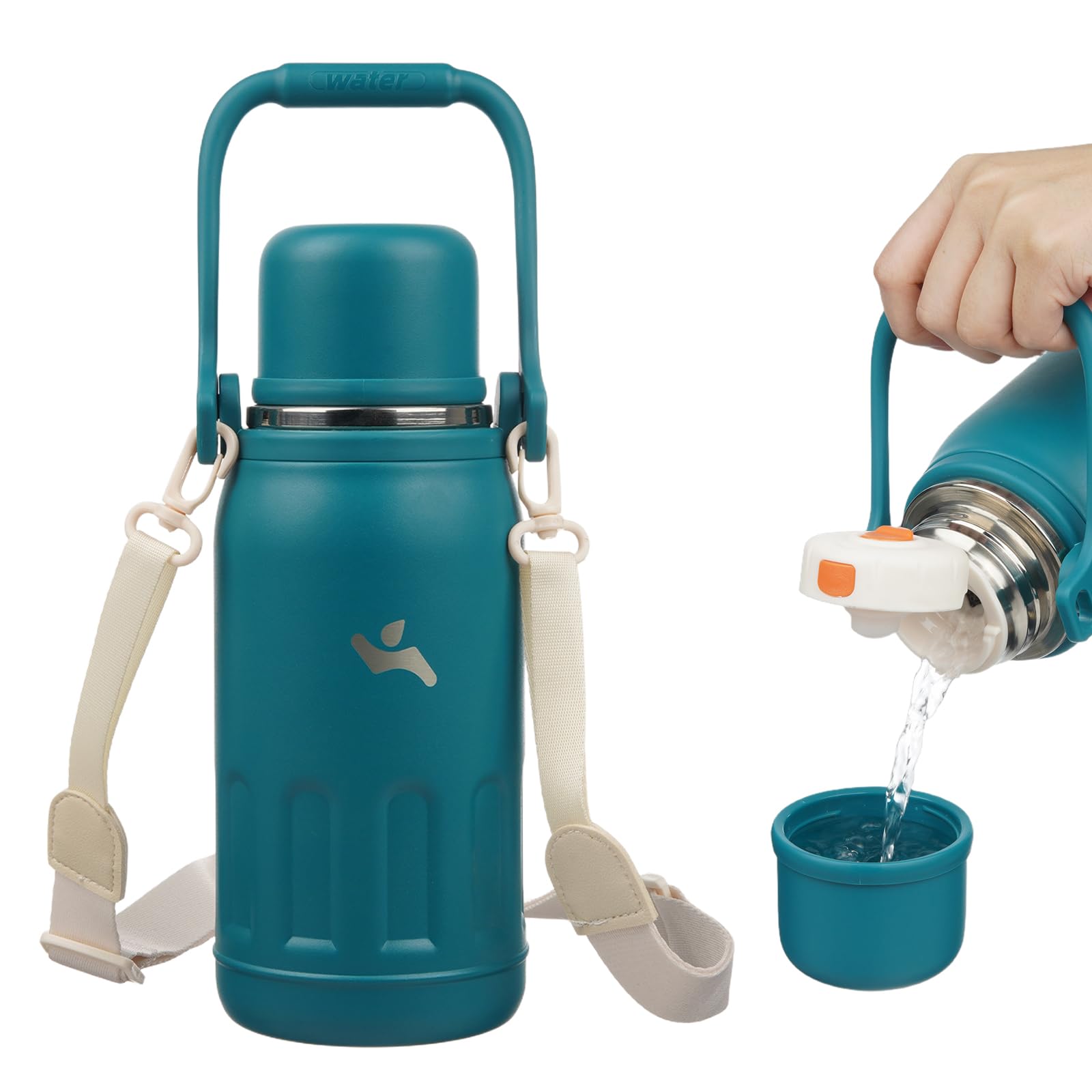 Insulated Water Bottle with Handle and Strap,Vacuum Travel Tumbler with Cup Lid,Thermo Coffee Cup for Hot Cold Drinks 27 OZ,Blue Haze