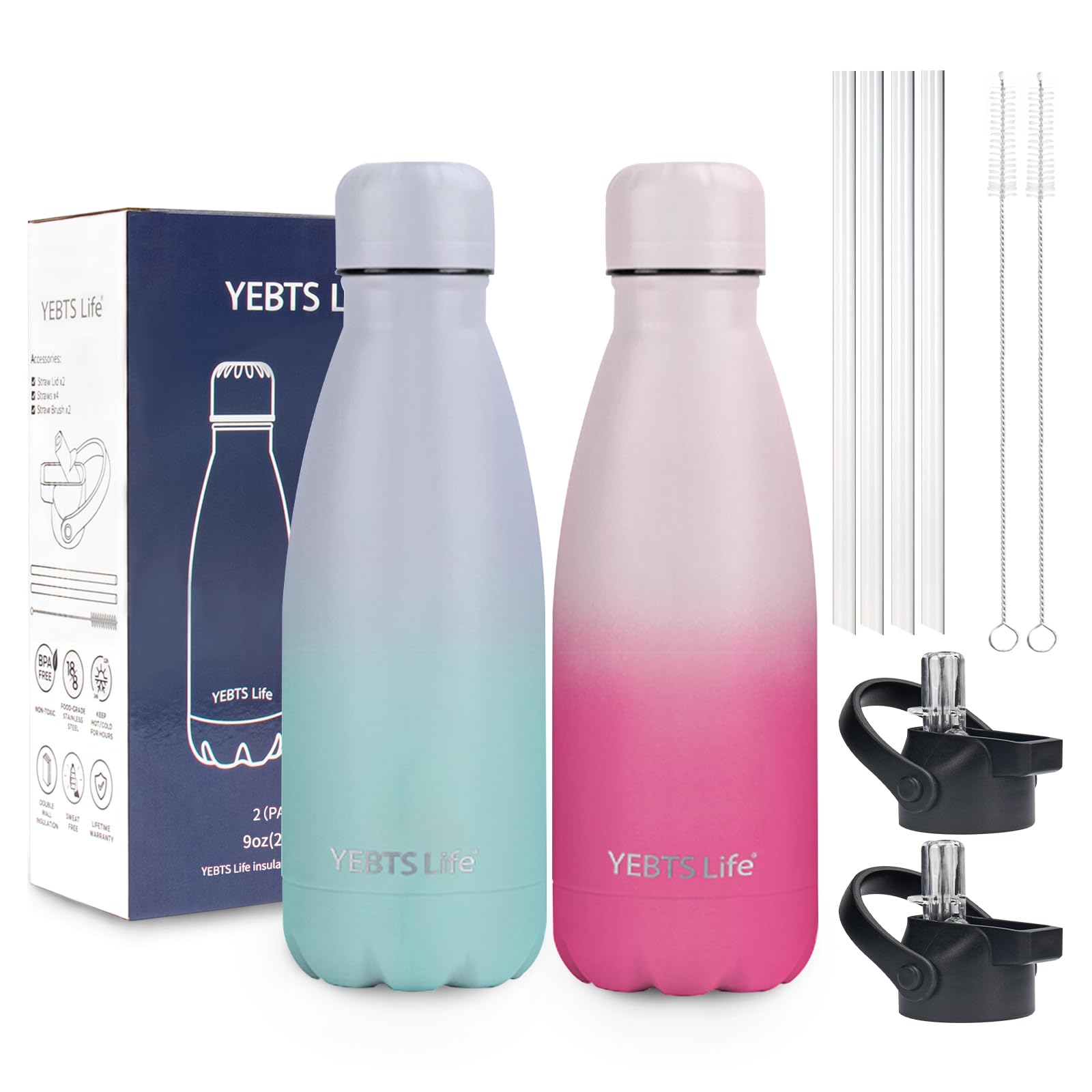Insulated Water Bottle,12oz Stainless Steel Water Bottles with straw lid,Metal Sports Water Bottles for Boys,Girls,Double Wall Vacuum BPA-Free Flask for School, Sports & Travel-Sliver