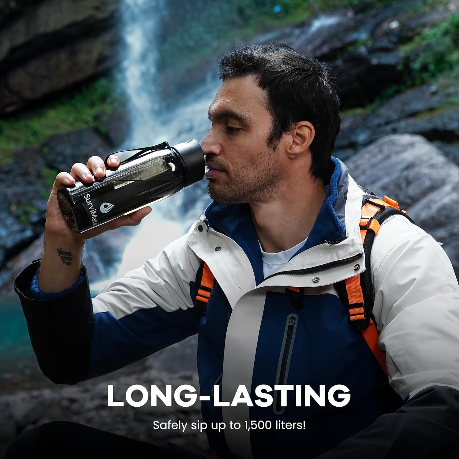 SurviMate Purified Water Bottle for Camping, Hiking, Backpacking and Travel, BPA Free with 5-Stage Intergrated Filter Straw