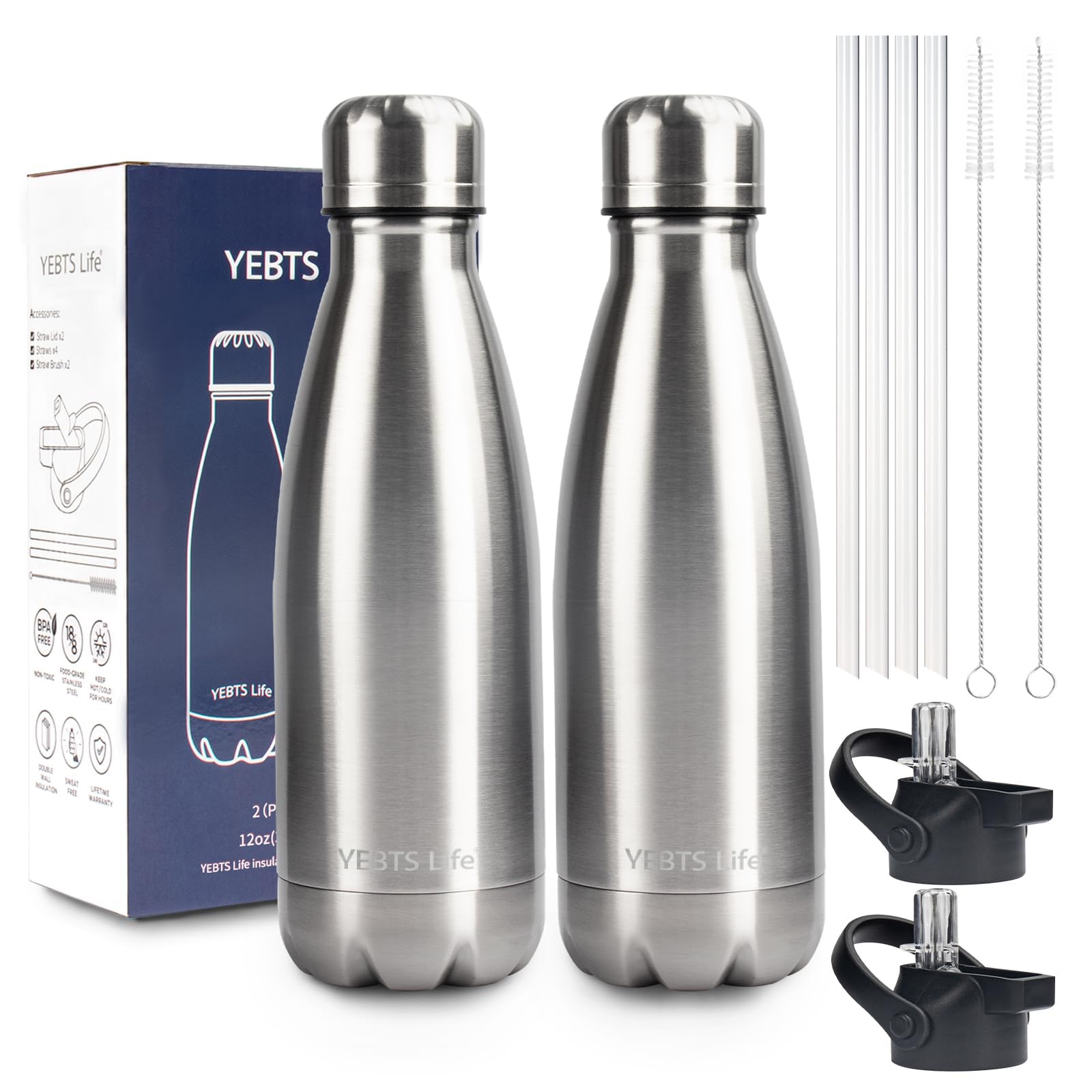 Insulated Water Bottle,12oz Stainless Steel Water Bottles with straw lid,Metal Sports Water Bottles for Boys,Girls,Double Wall Vacuum BPA-Free Flask for School, Sports & Travel-Sliver