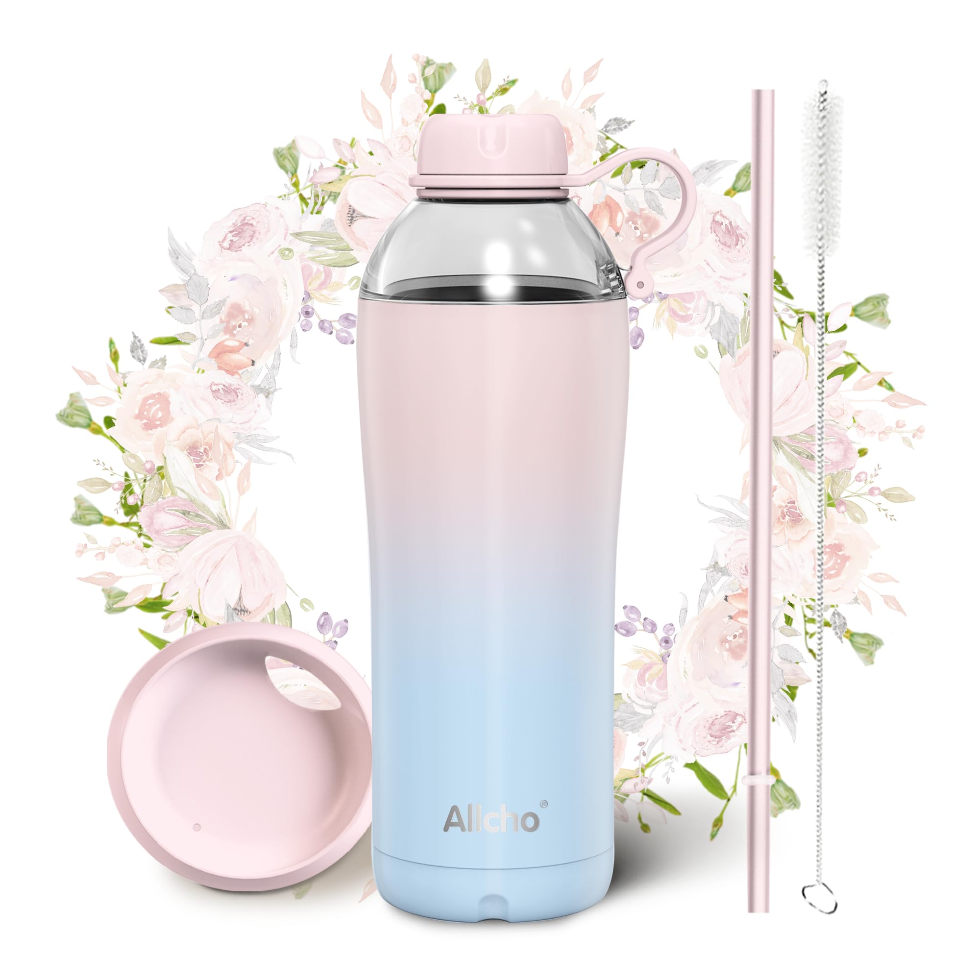 Insulated Water Bottle for Women, 24 oz Stainless Steel Water Bottles, Double Walled, 2 Lids (Chug & Tumbler) - Hydrate & Caffeinate,Available Gift Wrapping