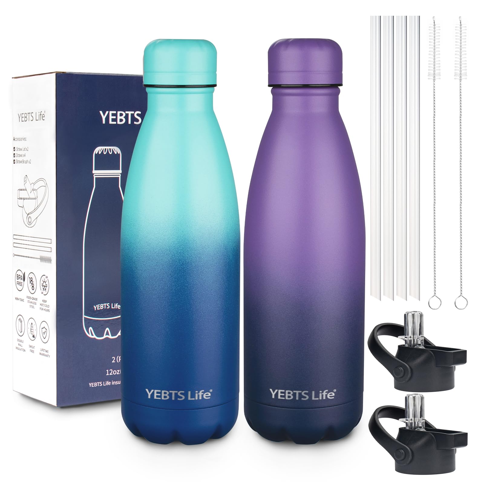 Insulated Water Bottle,12oz Stainless Steel Water Bottles with straw lid,Metal Sports Water Bottles for Boys,Girls,Double Wall Vacuum BPA-Free Flask for School, Sports & Travel-Sliver