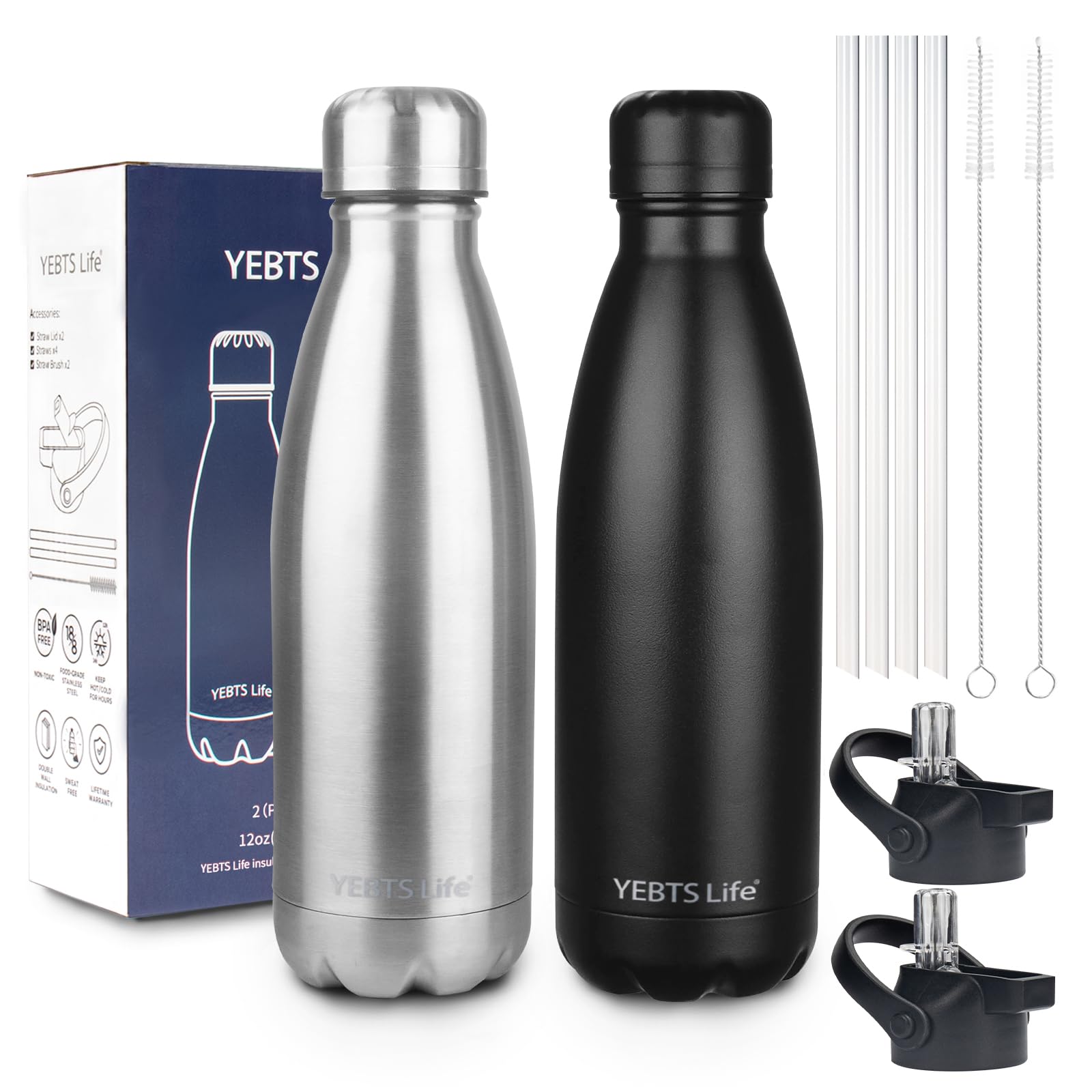 Insulated Water Bottle,12oz Stainless Steel Water Bottles with straw lid,Metal Sports Water Bottles for Boys,Girls,Double Wall Vacuum BPA-Free Flask for School, Sports & Travel-Sliver