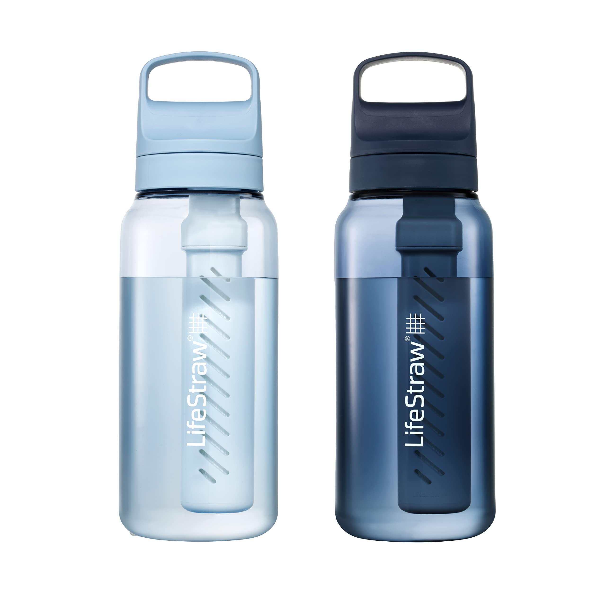 LifeStraw Go Series, BPA-Free Water Bottle for Travel and Everyday Use Removes Bacteria, Parasites, Microplastics, Improves Taste, 22oz 2-Pack; Icelandic Blue and Aegean Sea