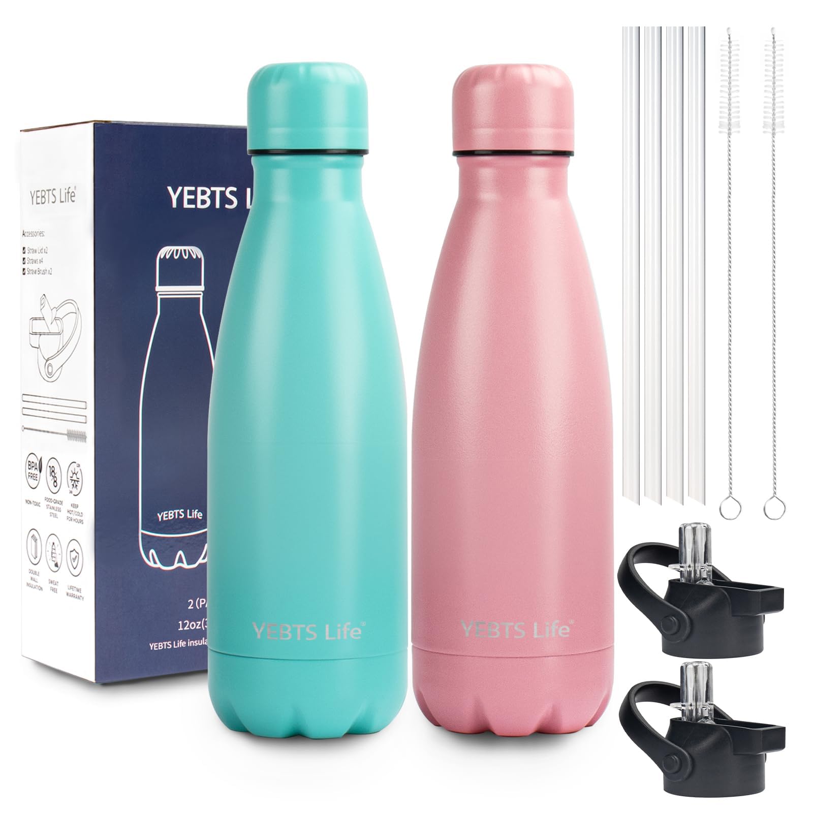 Insulated Water Bottle,12oz Stainless Steel Water Bottles with straw lid,Metal Sports Water Bottles for Boys,Girls,Double Wall Vacuum BPA-Free Flask for School, Sports & Travel-Sliver